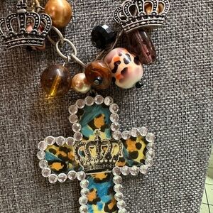 Black and Bronze Beaded Necklace earring set cross crowns #6